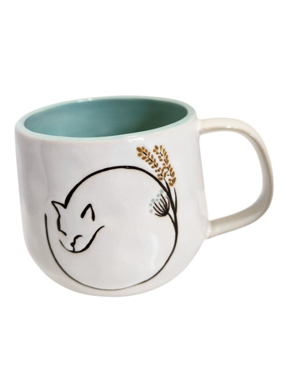 Anthropologie Ceramic Mug With Cat & Wheat Design Light Teal Interior